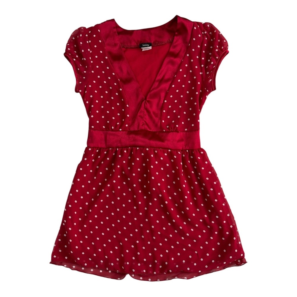 Vanity Y2K Red Polka Dot Babydoll Top Satin Trim V-Neck Empire Waist Small 5050